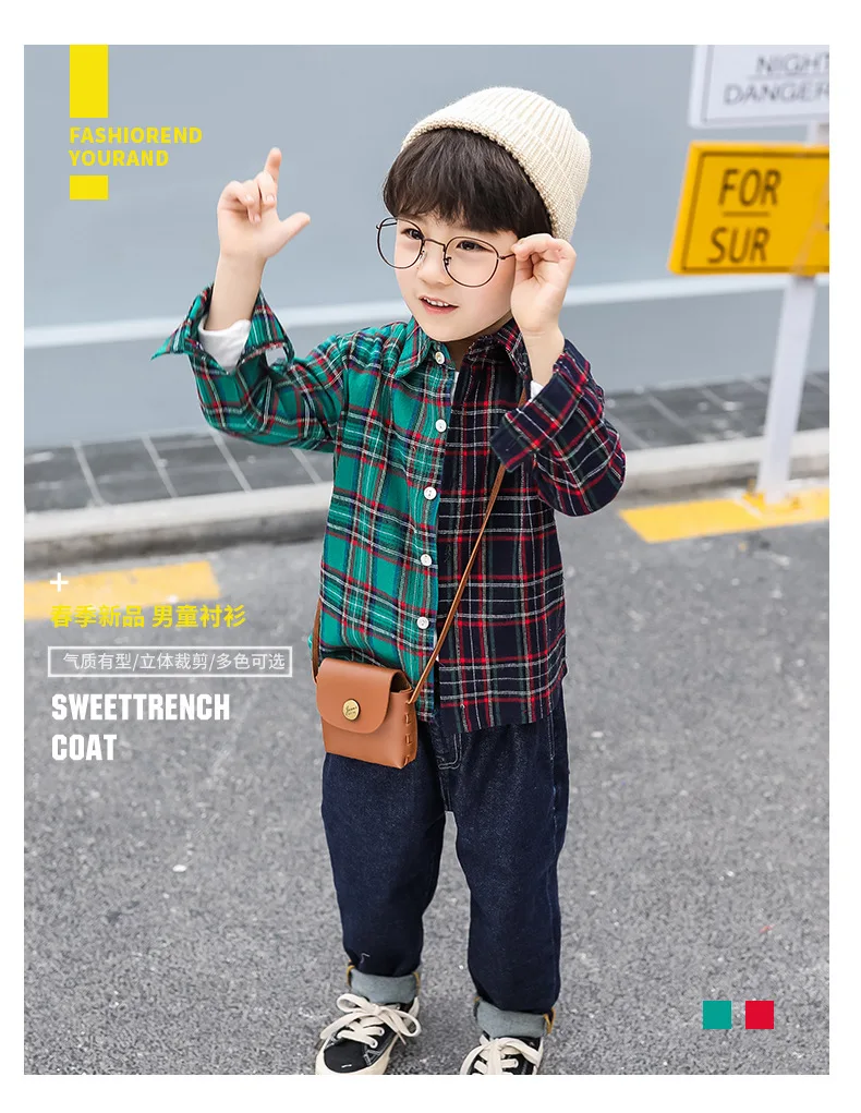 Boys' Long-sleeved Shirt 19 Spring Korean-style New Style AB Plane Joint Double Color Plaid Shirt Coat KID'S Jacket Fashion
