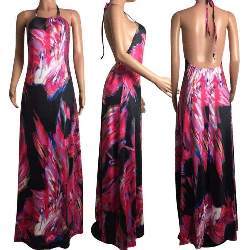 

2019 Summer New Sweet Style Open Back Mopping Dress Hanging Neck Leaking Fishtail Mopping Ladies Printing Dress Polyester