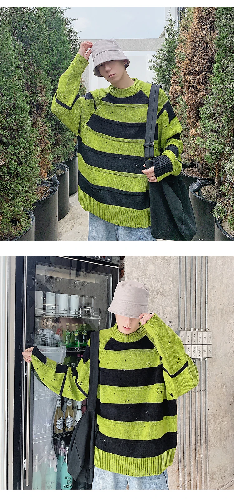 Winter New Sweater Men Fashion Thick Warm Warm Color Striped Knit Pullover Man Streetwear Wild Loose Hole Sweater Male Clothes