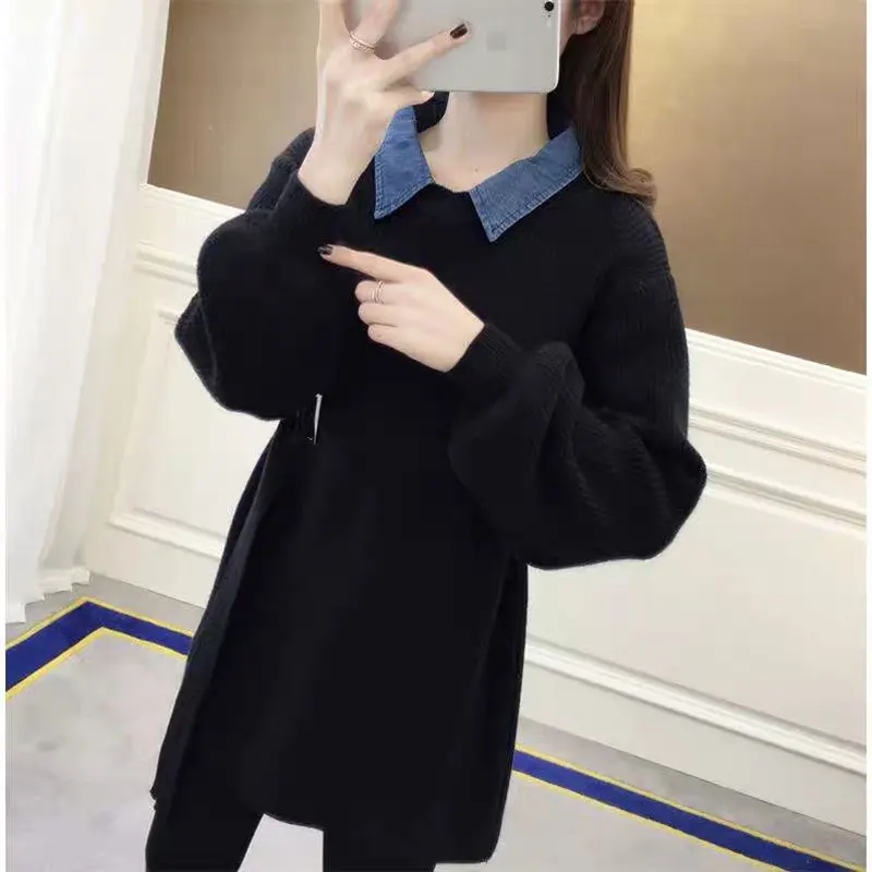 Осень женская зимняя одежда вязаный Пушистый свитер свитер с длинными рукавами пуловер kawaii корейский стиль женский свитер платье - Цвет: Черный