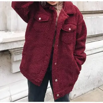 

2019 Women Solid Single Breasted Faux Fur Teddy Coat Turn-Down Collar Winter Jackets Wide-Waisted Casual Outwear