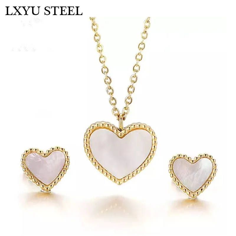 Shell Heart Necklaces Earrings Sets For Women Stainless Steel Gold Heart Earring Lover Choker