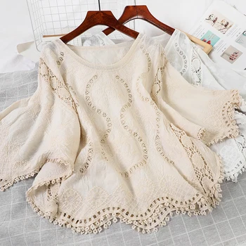 

summer new solid hollow out women blouse o-neck flare sleeved loose lady elegant pulls pulls outwear coat tops