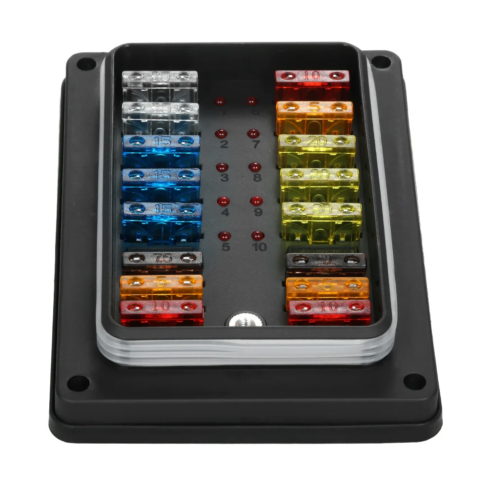 

10 Way Waterproof Blade Fuse Box Holder with LED Indicator for Car Boat Marine Caravan +16Pcs Fuses