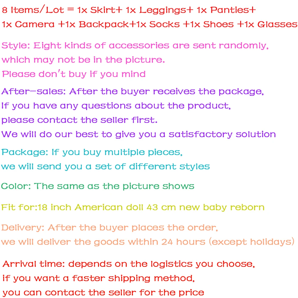 8 Piece/Set For 18 Inch American 43 Cm Born Baby Doll Clothes items = Dress+Glasses+Camera+Panties+Leggings+Shoes+Backpack+Socks