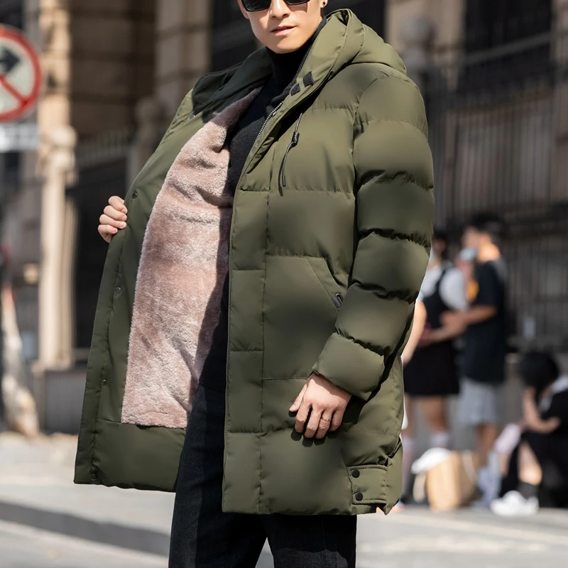 Mens Long hooded overcoat to keep warm outdoor cotton jacket large size fat can wear down jacket with down and thick for snow