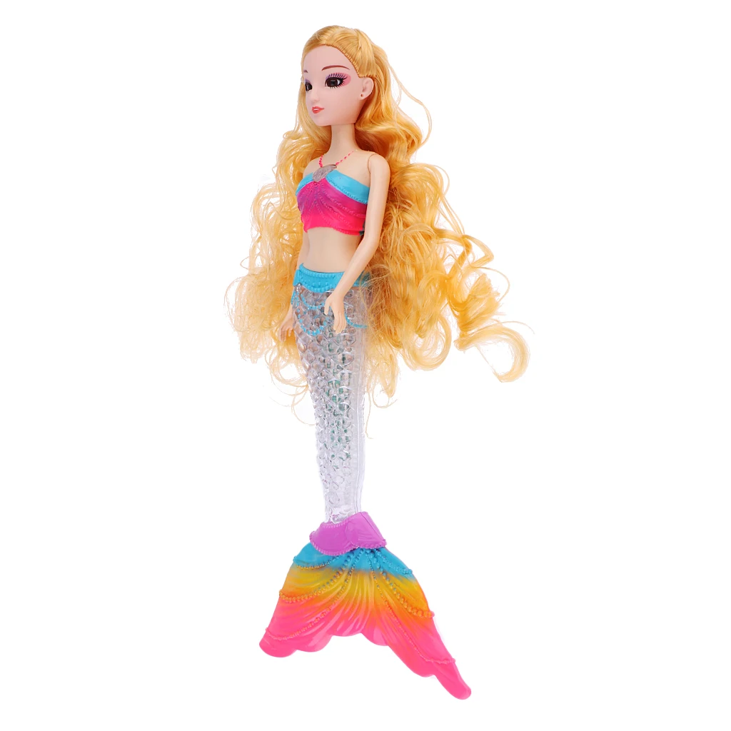 Beautiful Mermaid Princess Doll With Glimmer LED Rainbow Light Tail And Curly Hair Wig Girls Model Toy For