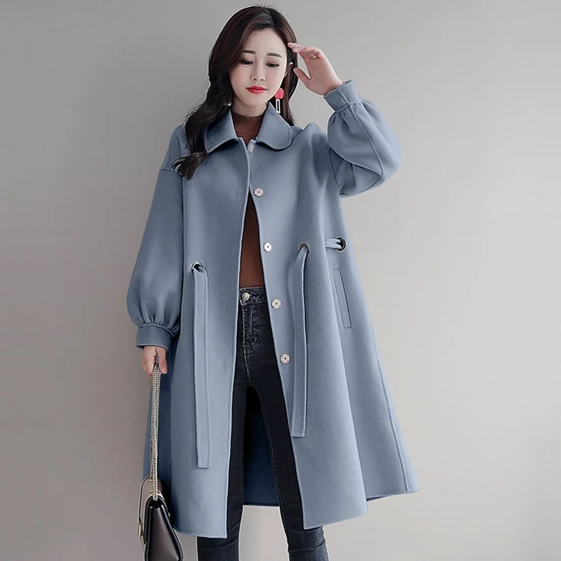 Long Elegant Wool Blends Coat Women Winter Casual Turndown Lace-Up Woolen Coat Korean Vogue Lantern Sleeve Warm Outerwear AA5080