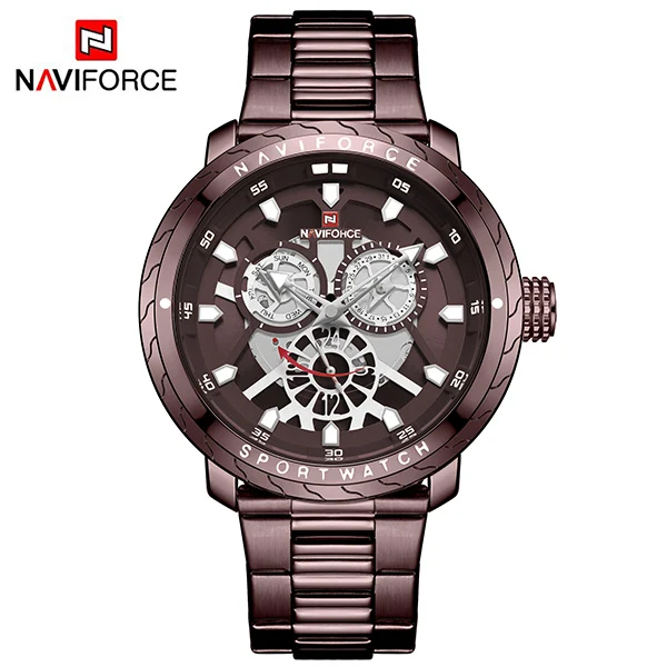 Coffee NAVIFORCE Топ Роскошные брендовые Новые Модные Качественные военные спортивные мужские часы из нержавеющей стали Кварцевые водонепроницаемые наручные часы с календарем - Цвет: Coffee