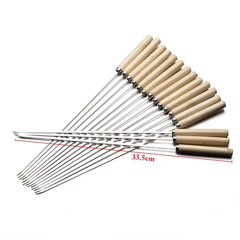 20Pcs/Set Barbecue Skewer Wooden Handle Stainless Steel Kabob Skewer BBQ Stick BBQ Tools Accessories For Outdoor Camping