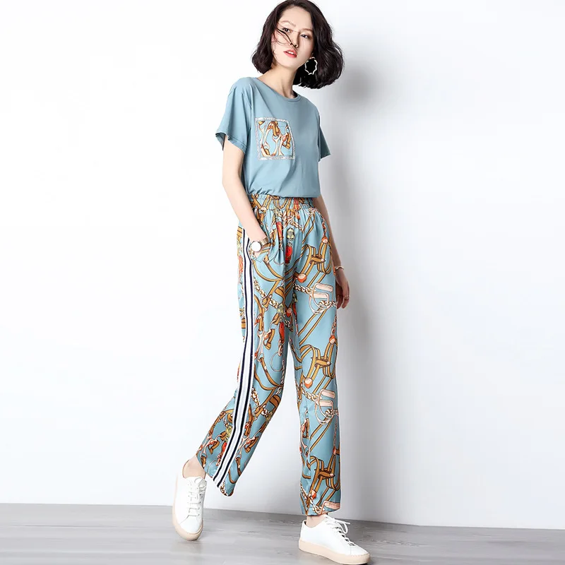 

Western Style by Age-Style Crew Neck Printed T-shirt Casual Loose Pants Set Two-Piece Women's Summer 2019 New Style Fashion