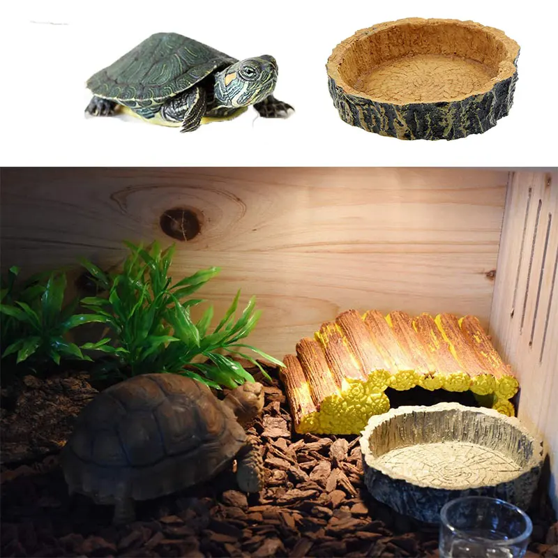Pets Feeder Breeding Tray Reptile Water Dish Feeding Plate Turtle Natural Bowl Food and Resin Tree Bark |