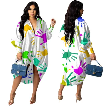 Hand Print Shirt Blouses Dress For Women Autumn Long Sleeve Dress Sexy Female Streetwear Midi Dresses Femme Robe Vestidos 2