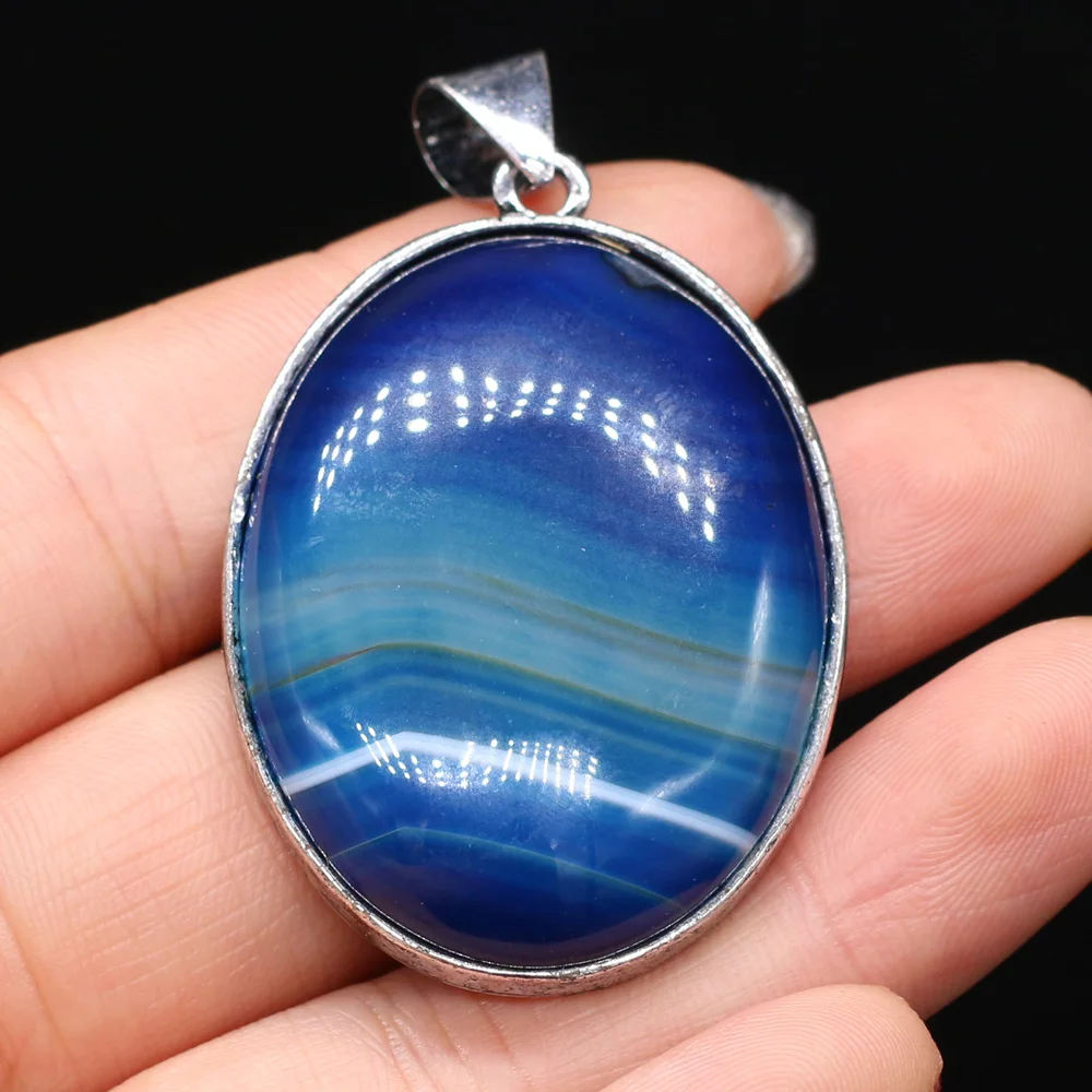 Natural Agates Stone Pendants Oval Shape Silver Plated Blue Stripe for DIY Necklace Earrings Jewelry Making Crafts | Украшения и