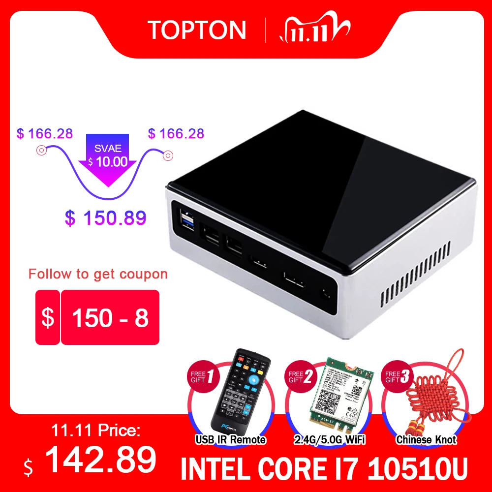 2020 Новый 10th Gen 2 Lan Мини ПК Intel i7 10510U i5 8250U 4 Core * DDR4 M.2 NVMe NUC компьютер Win10 Pro Linux Wi Fi USB C DP