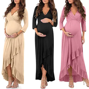 

vetement femme 2020 Women Pregnant clothes dress Nusring Maternity Long Sleeve Ruffles Solid Irregularity breastfeeding Dress