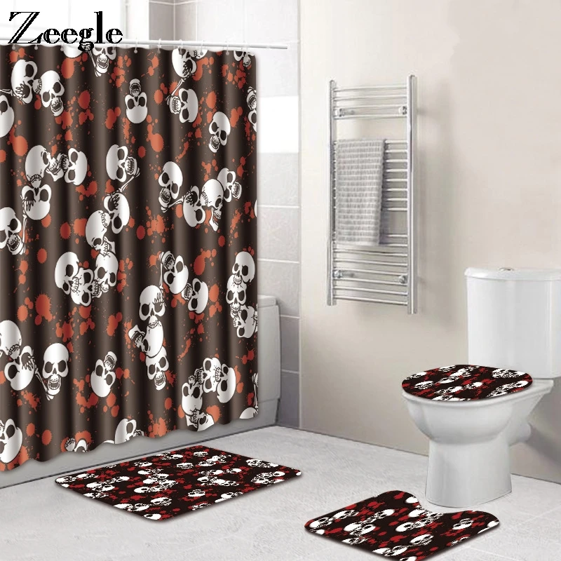 Zeegle 4pcs Toilet Set Waterproof Shower Curtain Anti Slip Bathroom Carpets Absorbent Toilet Pedestal Rug Foot Mat Bath Mat Set