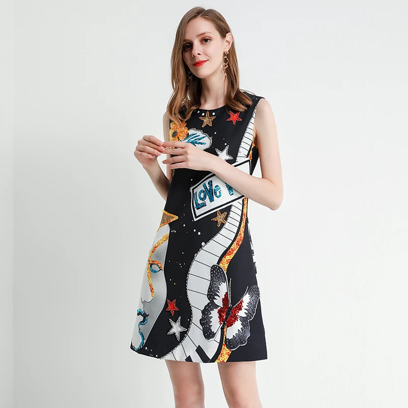 

Xiaomoli 2020 fashion show spring dress elegant women's sleeveless casual letter diamond Mini loose skirt