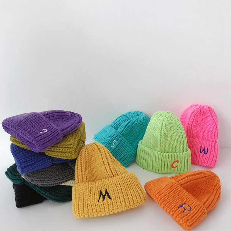 Autumn Winter Kids Boys Girls Knitted Hats Soft Thickening Warm Baby Beanies Letter Pattern Casual Children Caps | Детская одежда и