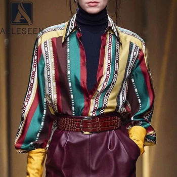 

AELESEEN Luxury 100% Silk Blouse Spring Autumn Runway Fashion Colorful Elegant Chian Print Office Ladies Party Holiday Blouse