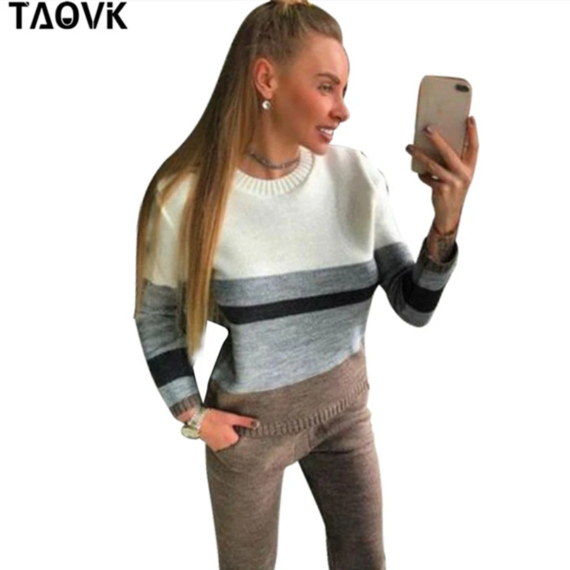 TAOVK, удобный женский свитер, костюмы, вязаный спортивный костюм, многоцветные, с вырезами и шитьем, джемпер, пуловеры+ штаны, комплект из двух предметов, наряды - Цвет: Khaki