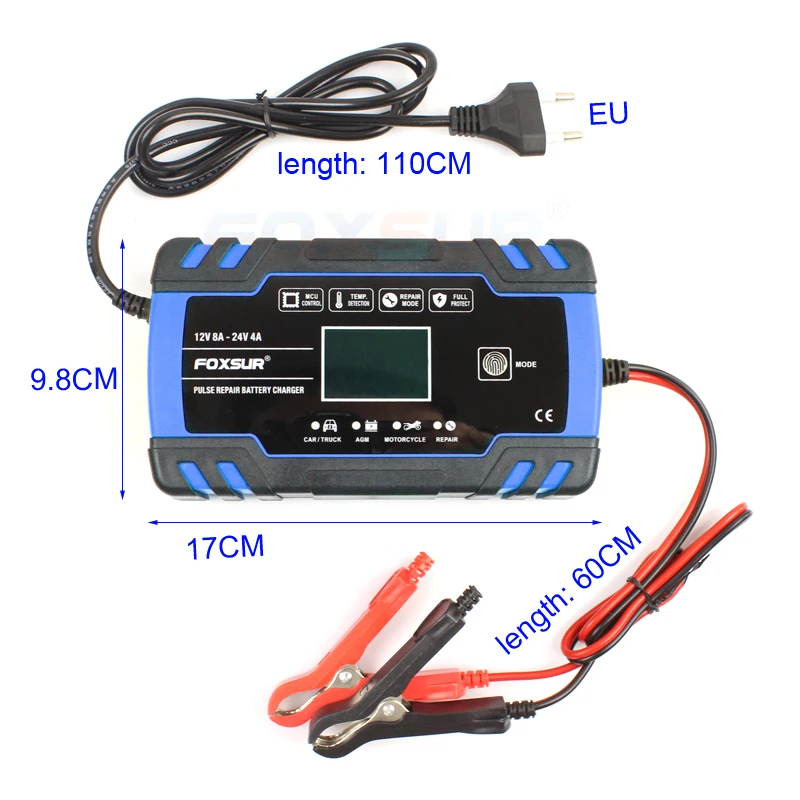 FOXSUR автомобиля Мотоциклетные батареи Зарядное устройство 12V 8A 24V 4A смарт-устройство для быстрой зарядки для AGM гель мокрый EFB свинцово-кислотный Батарея Зарядное устройство