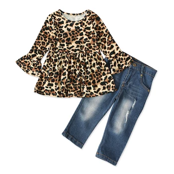 

2PCS Toddler Baby Kids Girls Clothes Leopard T-shirt Tops Denim Jeans Pants Autumn Long Flare Sleeve Dress Trousers Outfits Sets