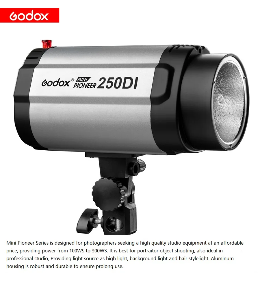 1：将左上角的Godox换成红色底，并将图片下方的文案修改为文案1中的内容，将300DI产品的图片换成250DI产品的图片（素材1）