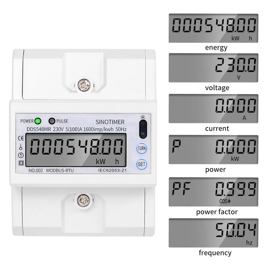 Multi-functional Single Phase or 3 Phase 4 Wire 5-100A 230V AC Energy Meter Electric Consumption Meter Monitor DIN Rail