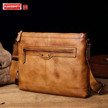 

HANSOMFY Genuine Leather Men's Bag Female Handbag Casual Shoulder Messenger Bag Retro Fashion Business Computer 14" Laptop Bag