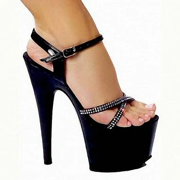 

Elegant Rhinestone Black Open Toe Buckle strap Sandals 17CM High heeled shoes Sexy Fetish Trend paint novelty Hollow Glitter New