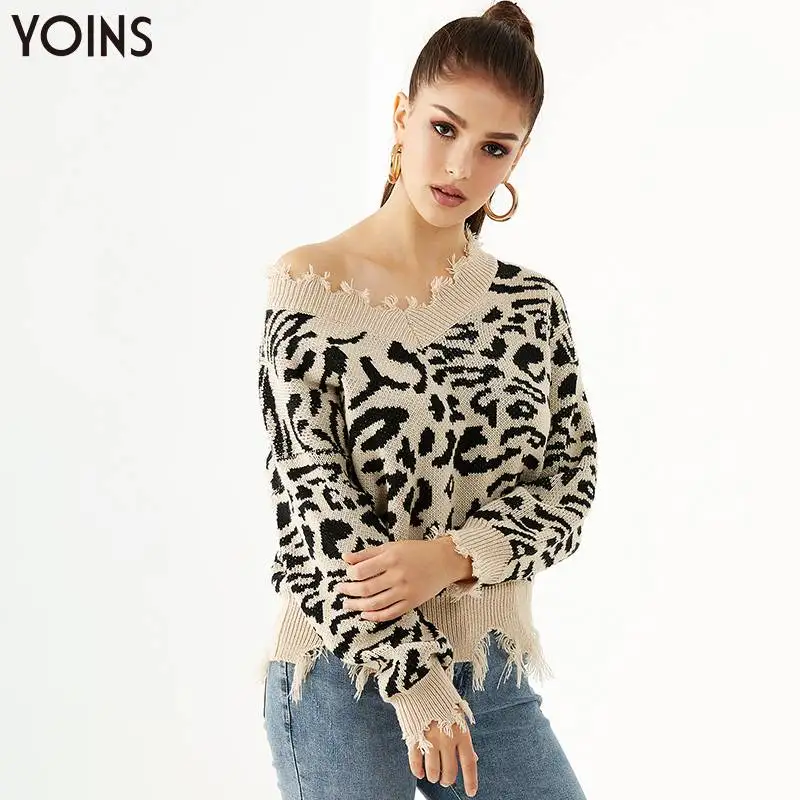 YOINS 2020 Spring Autumn Winter Sweater Women Ripped Details Leopard One Shoulder Jumper Female Casual Sexy Cropped Tops Regular | Женская