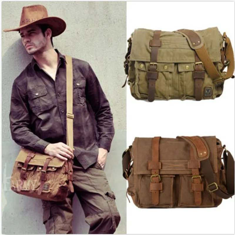 Men's Vintage Canvas Leather Satchel School Military Messenger