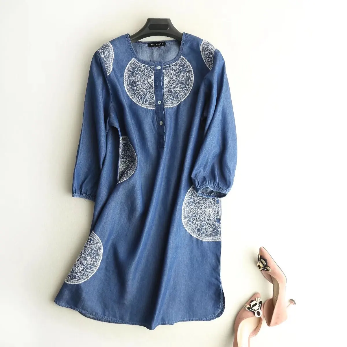 

2018 Spring Europe And America WOMEN'S Dress Crew Neck Cowboy Circle Embroidered Long Dress Dress 002