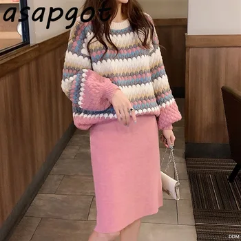 

Asapgot Korea Chic Pullovers Knit O Neck Lantern Sleeve Sweaters Women Loose Lazy Sweet High Waist Straight Knitted Skirt Sets