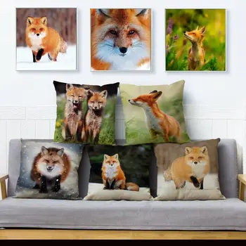 

Cute Fox Print Pillow Cushion Cover Cotton Linen Throw Pillows Cases Sofa Home