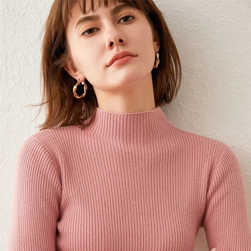 

Half High Collar Button Knit Sweater Women Pullovers Tops Elastic Tight Winter Sweater Women Wild Self -Cultivation Solid 2020