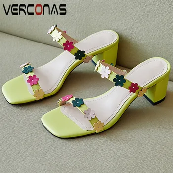 

VERCONAS Woman Pumps 2020 Fashion Woman Sandals High Quality Summer Flower Decoration Square Toe Square High Heels Shoes Woman