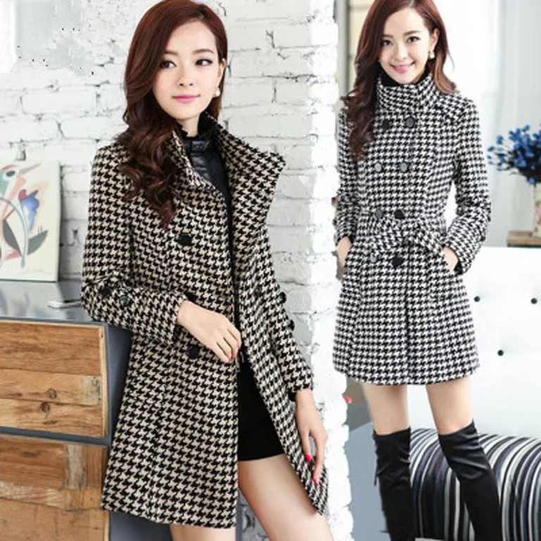

2019 Winter Women Outwear Elegant Double Breasted Plaid Slim Wool Blends Coat Jacket