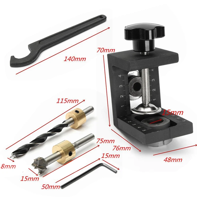 DWZ Black Woodworking Hole Locator Punch Positioner Jig Kit + Step Drilling Bit Wood Tool