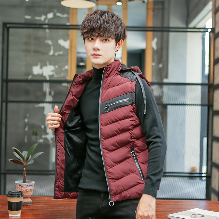 Autumn Winter Men's Vest New Casual Warm Sleeveless Jacket Hooded Stand-Collar Windproof Cotton-Padded Waistcoat Patchwork