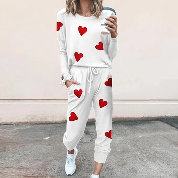 

2PCS Sports Pullover Elastic Waist Trousers Suit Set Summer Autumn Loose Tracksuit Women Long Sleeve Print Fashion Sweet Sets