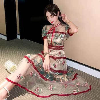 

Women's dress 2020 summer new sexy retro stand collar lace mesh embroidery stitching lace lace dress