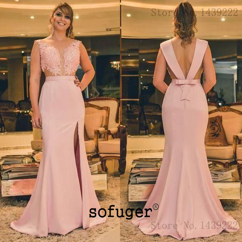Roze Meisje Satijn V-hals Mermaid Avondjurken Prom Hoge Split Sexy Backless Lange Arabisch Speciale Gelegenheid Robe De Soiree plus Roze Meisje Satijn V-hals Mermaid Avondjurken Prom Hoge Split Sexy Backless Lange Arabisch Speciale Gelegenheid Robe De Soiree plus