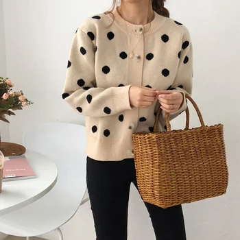 

Qooth 2 colors Cardigans 2020 Spring and Autumn Korean Style Polka Dot Knittd Cardigans Womens Sweaters Womens Coat qh2301
