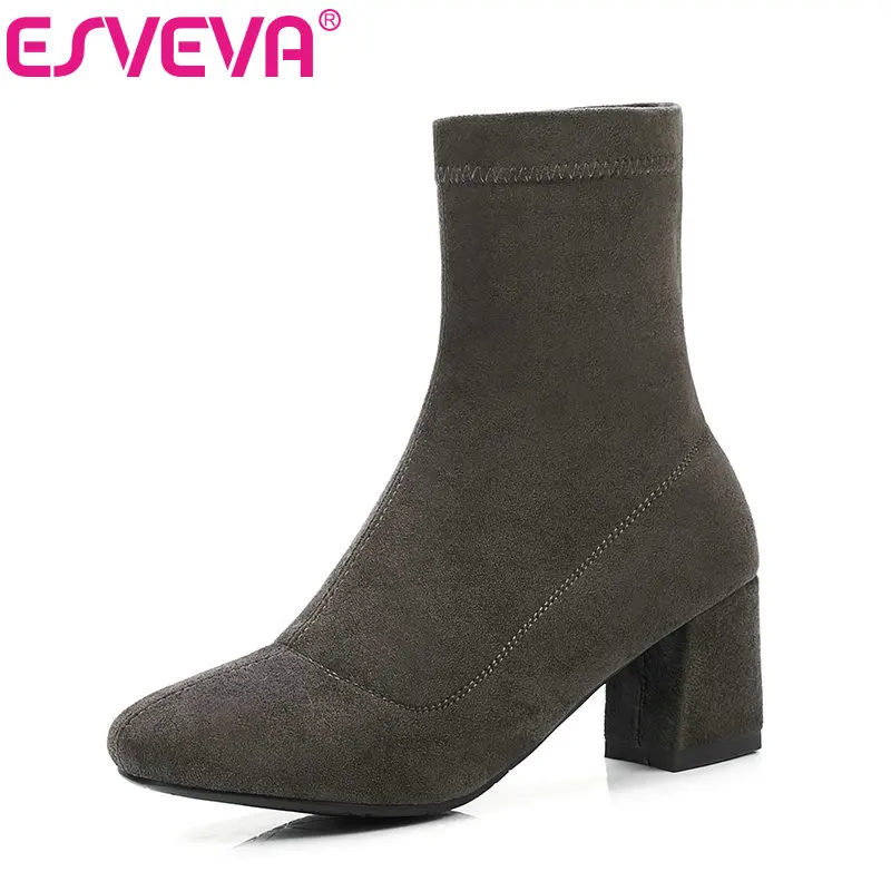 

ESVEVA 2020 Slip On Flock Round Toe Fashion Platform Elastic Ankle Boots Autumn Winter Square Heel Casual Women Shoes Size 34-43
