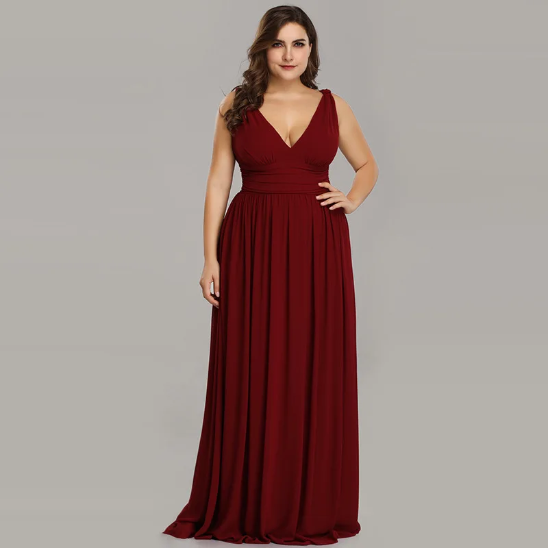 A-Line Длина пола размера плюс платье подружки невесты простые шифоновые v-образным вырезом Плиссированные Вечерние платья(B - Цвет: Красный