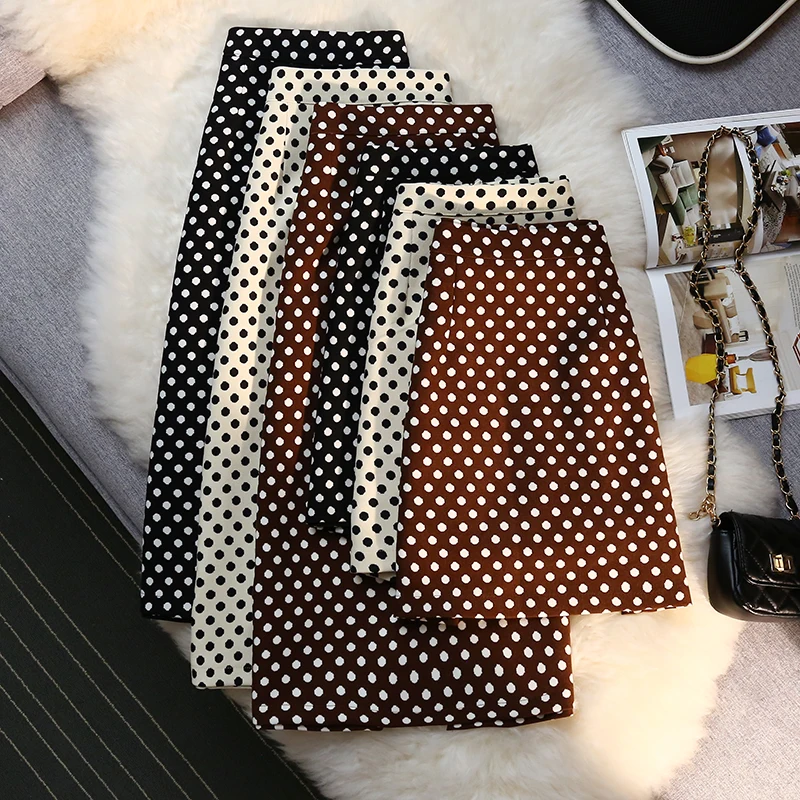 

2021 New Autumn Polka Dot Skirts Women High Waist Long Skirt Female Korean Fashion Fitness Vintage Skirt Office Ladies