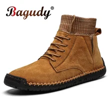 

Fashion Winter Men Cow Suede Leather Ankle Snow Boots Warm Plush Motorcycle Boots Outdoor Men Desert Boots Winter Warm Shoes 48