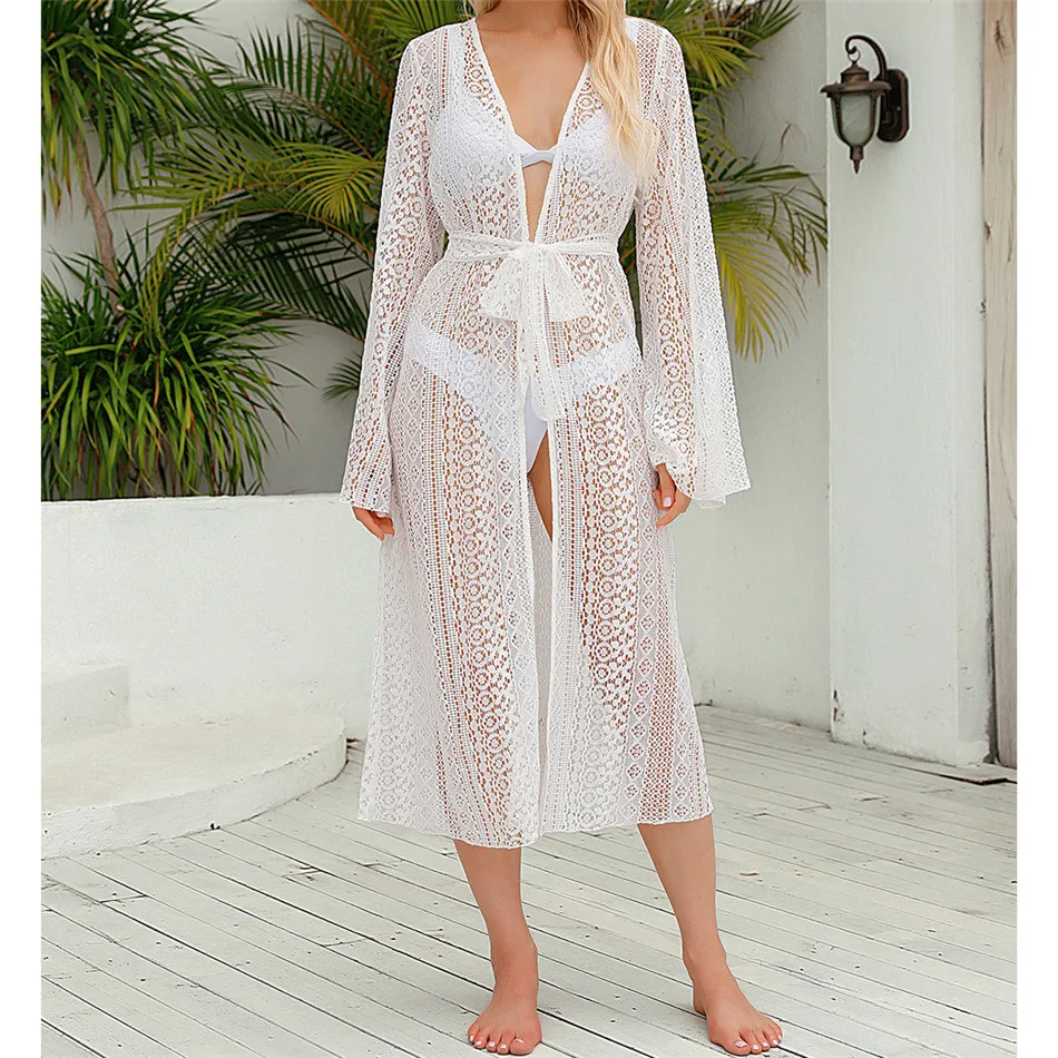 CHYAOWU0130 Hollow out Long Sleeve Women Beach Swimsuit Women's Dresses Solid Beach Cover Up Dress Sexy Beachwear Beach Outing